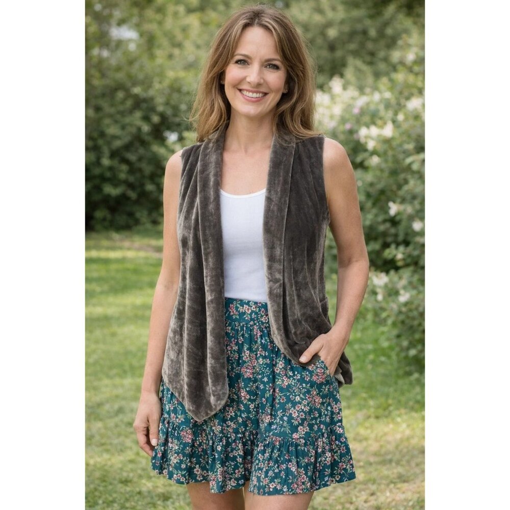 J. Jill size XS Crushed Velvet Open Front Draped Layering Vest, Brown